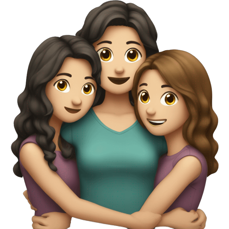 Three brunette best friends hugging , one with short hair, two with long hair ,girls emoji