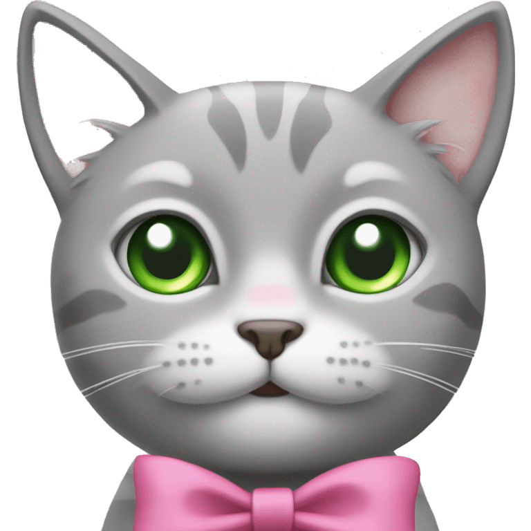 Light grey cat with a pink bow on its head and green eyes emoji