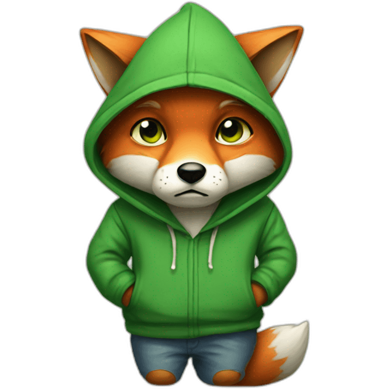 A sad fox with one eye and a green hoodie emoji