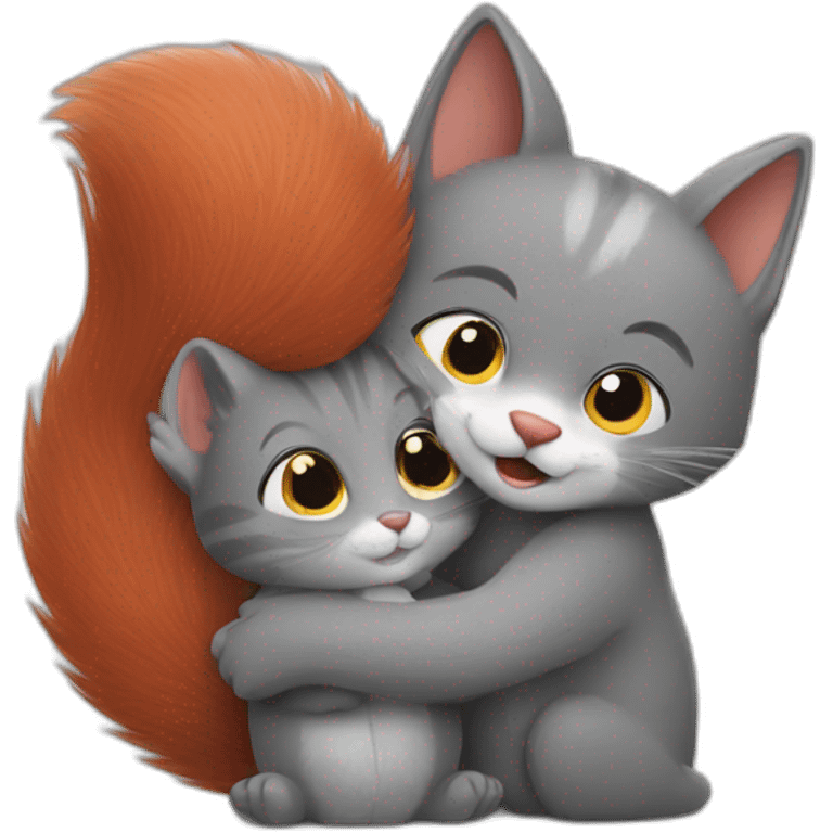 grey cat hugs a red squirrel emoji