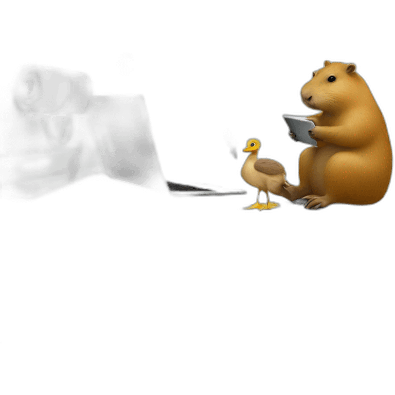 Capybara with a Macbook in the bathroom, around a duck emoji