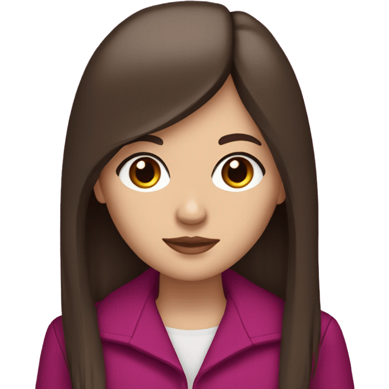 white girl with brown eyes, long straight dark brown hair, curtain bangs, and a magenta jacket emoji