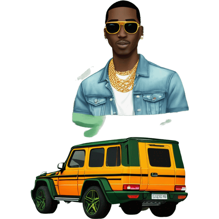 rapper,Young Dolph luxury clothes,blue diamond chain on,near his car, just opened drivers side car door to his all orange and green colored,whole car painted army camouflage, Mercedes G Wagon emoji