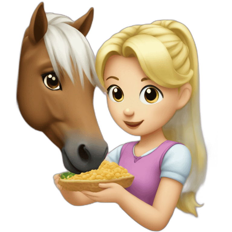 cute blonde girl giving food to a pony emoji