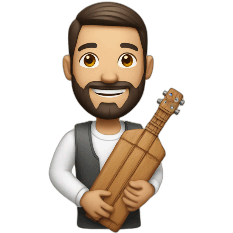 A man holding a virib made of wood and smiling emoji