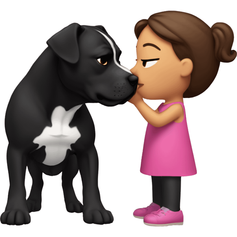 Brunette kissing big black pitbull dog, pink hearts emoji