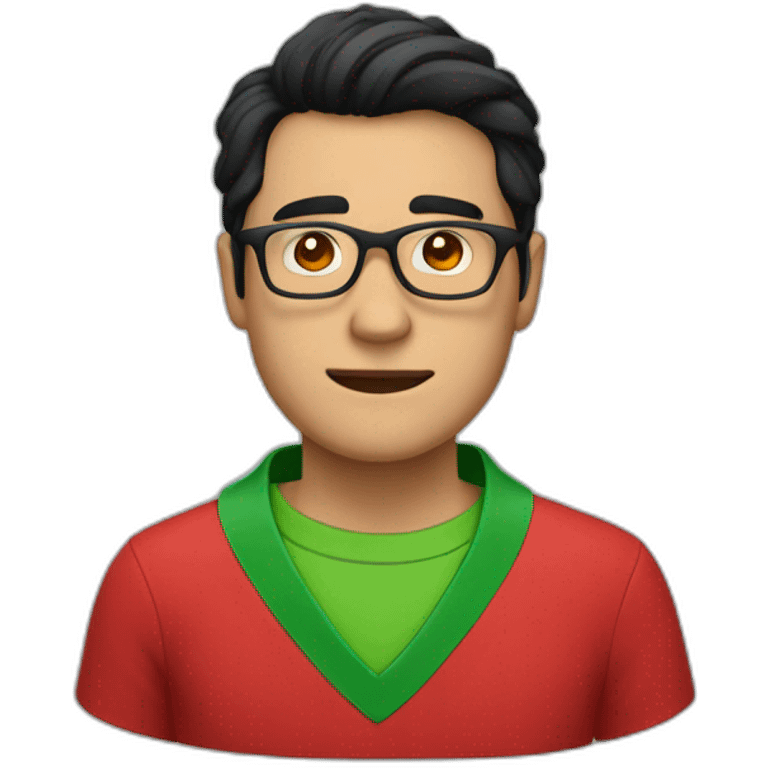 Man with black hair and glasses wearing red shirt with green collar emoji