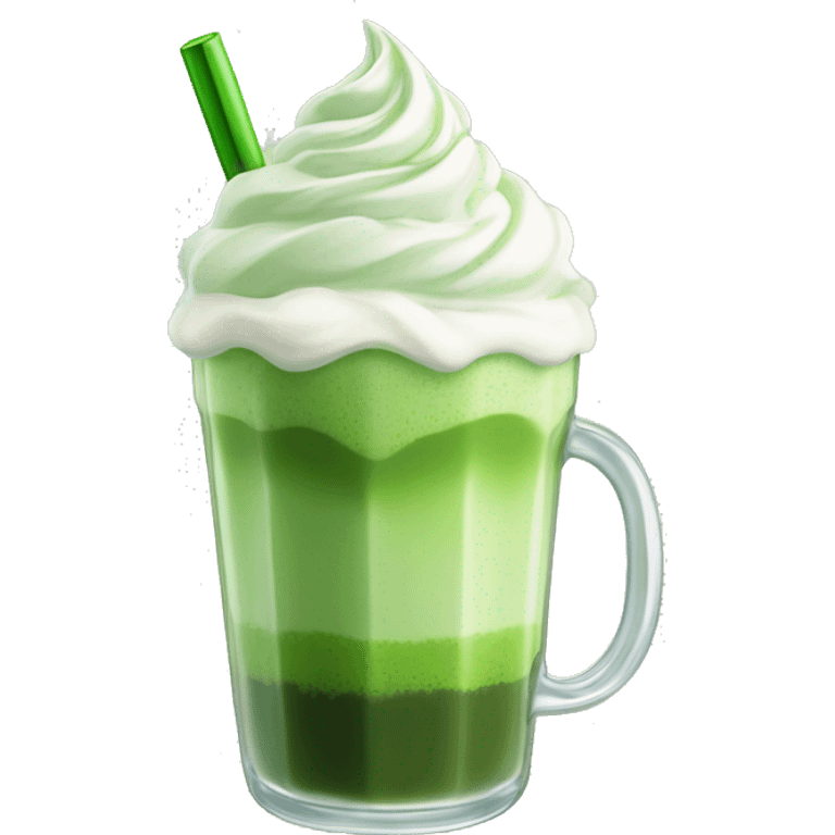 a glass of matcha latte with whipped cream and green tea powder on top. Without straw
 emoji