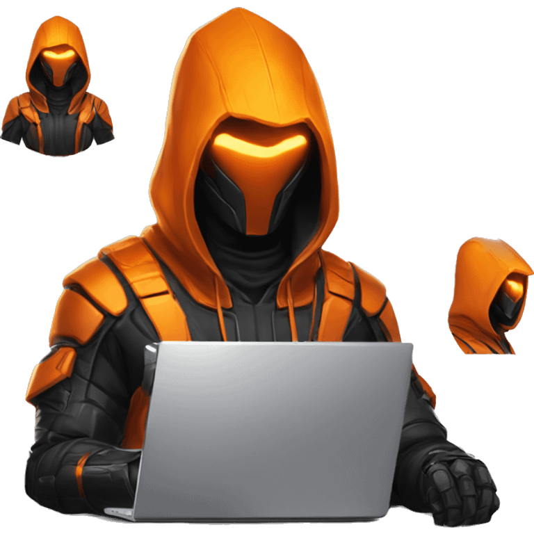  developer behind his laptop with this style : crysis Cyberpunk Valorant orange glowing bright orange character orange black hooded assassin themed character emoji