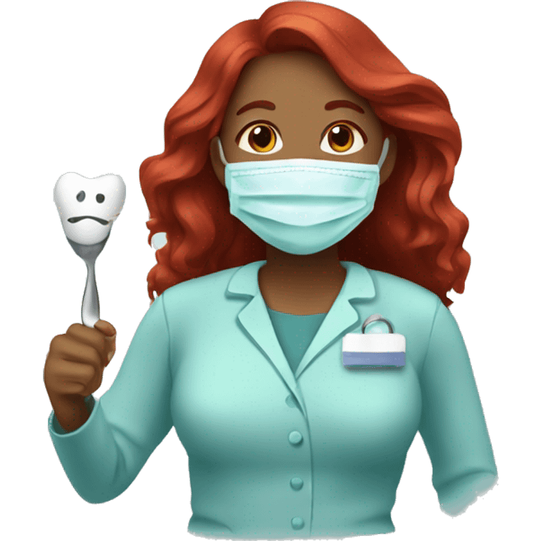 Brown Woman dentist with long red hair wearing face mask holding a tooth  emoji