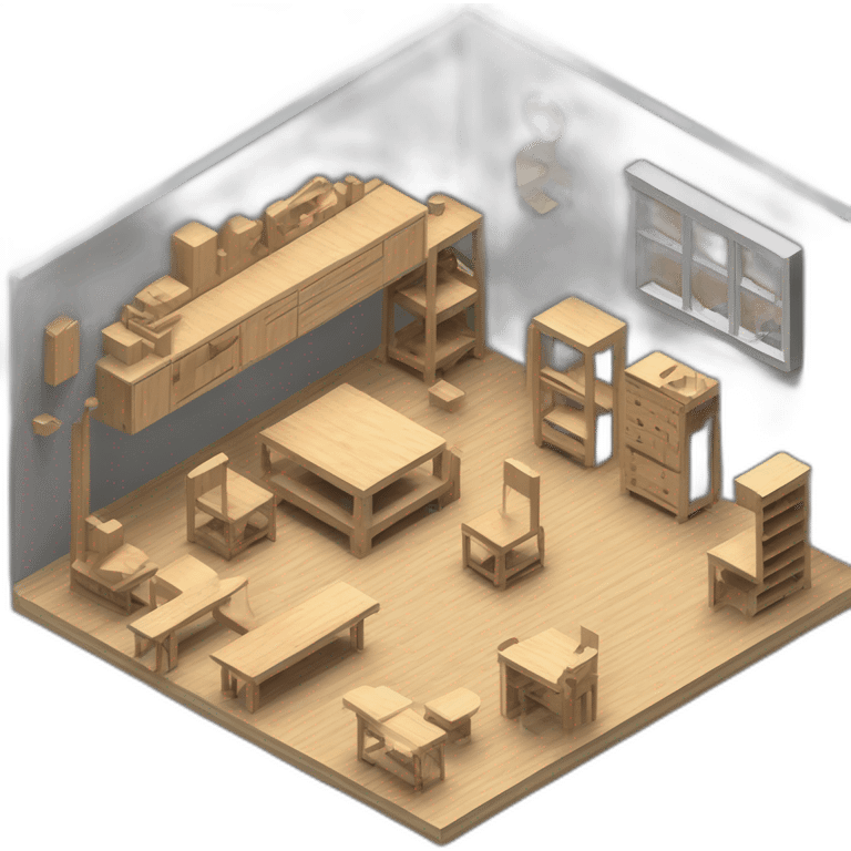 isometric transparent solid outline border containing indoor creative factory woodshop metalshop people active working cnc laser tools simple brutalist industrial makerspace concrete #edc31b  emoji