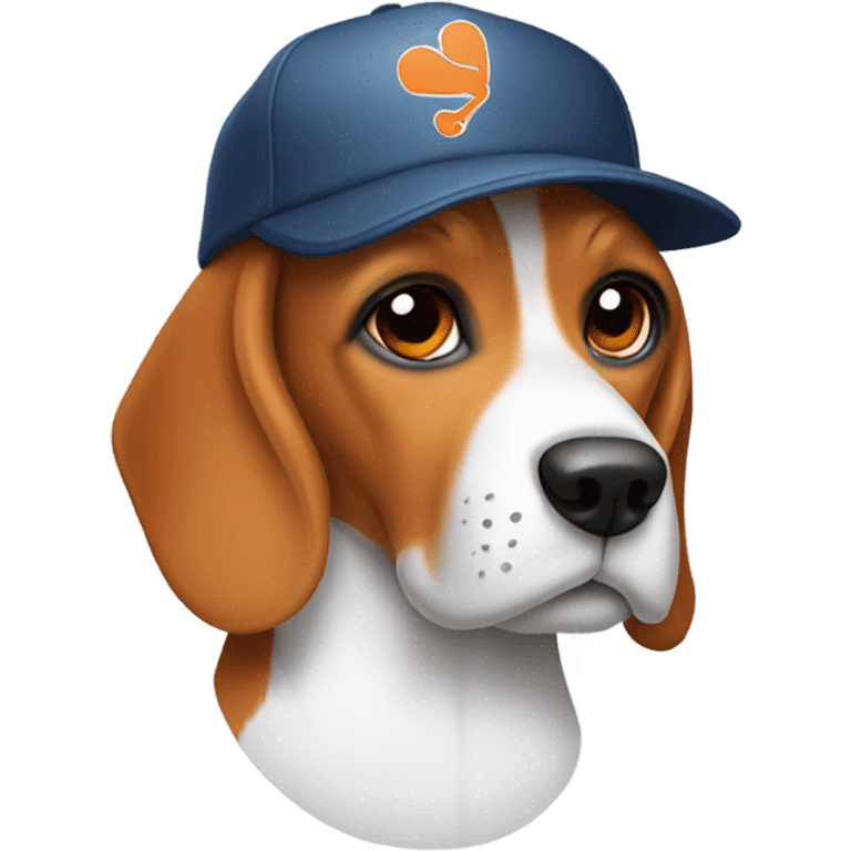 beagle wearing an orange baseball hat with a white t on it emoji