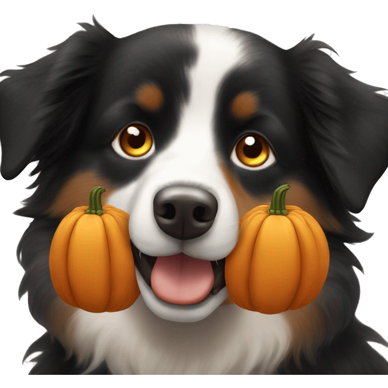 Small black australian shepherd dog in a pumpkin emoji