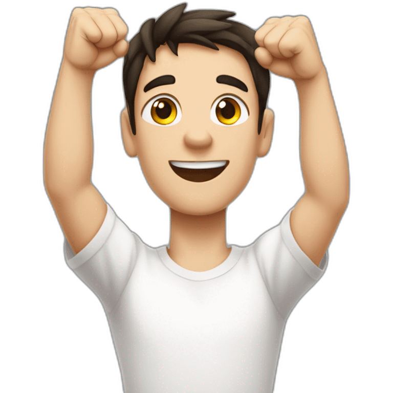 dark haired white young man in white t-shirt with both fists stretched high in victory emoji