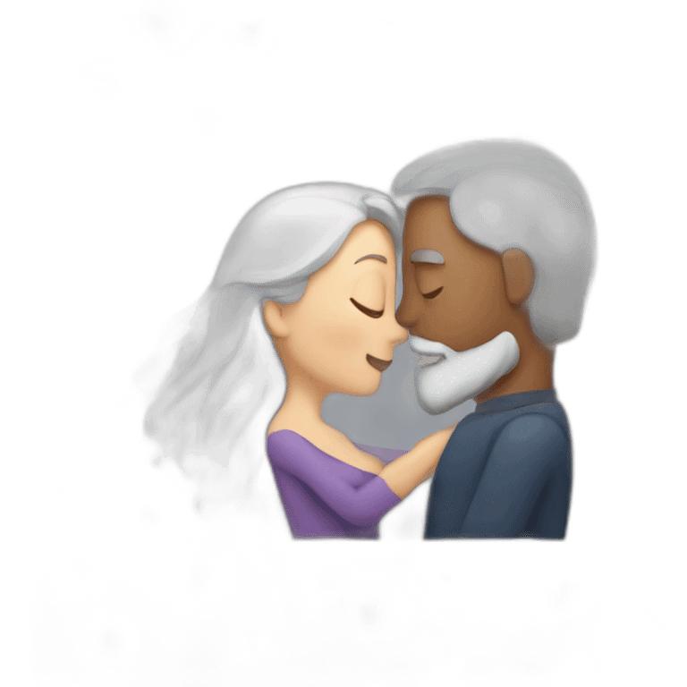 image of woman with dark brown hair kisses and hugs man with gray hair and white beard with floating hearts emoji