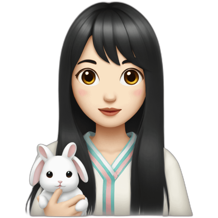 korean girl with long black hair bangs holding white rabbit emoji