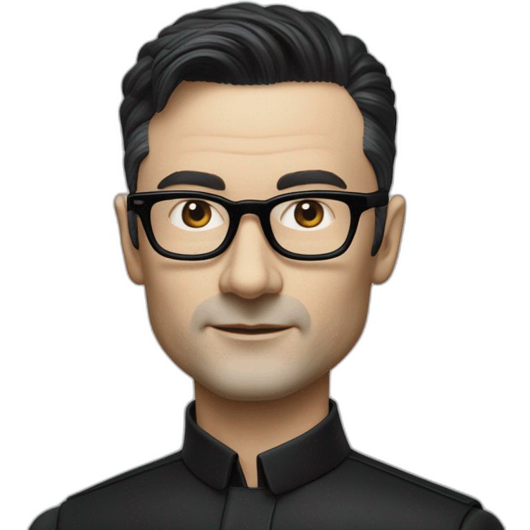 small Hyper realistic Ralf Hutter from Kraftwerk, short straight black hair, black glasses, thin, black shirt, side view, riding open top black tesla model 3 emoji