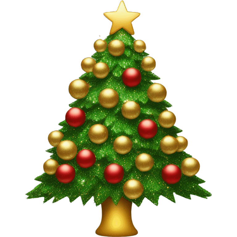 Christmas tree with red and golden balls and glitter emoji