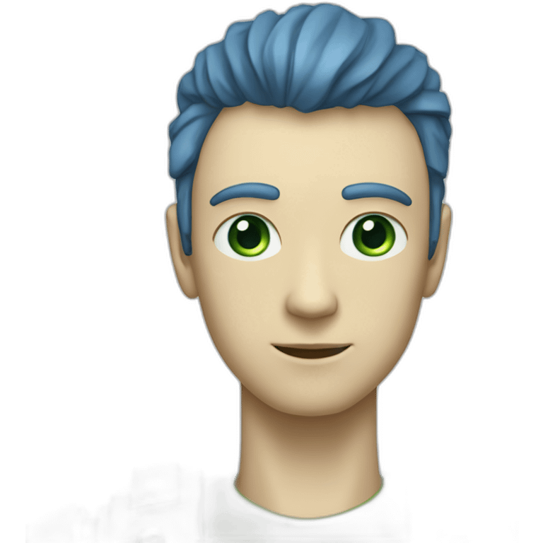 robot with a human head, very thin face, clear cheekbones, green slightly narrow eyes, blue disheveled shoulder-length hair, human complexion, man, light pale face emoji