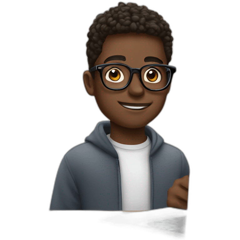 boy with transparent specs wearing airpods in front of macbook emoji