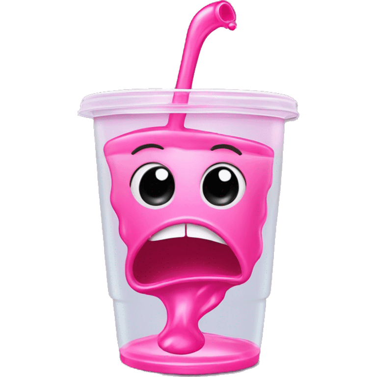 A spilled sippy cup with pink liquid, a twisted reflection of a face, representing confusion and emotional manipulation. emoji