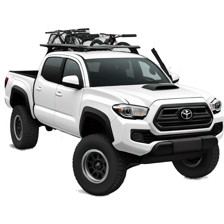 White lifted Toyota Tacoma with chrome rims and ski rack emoji