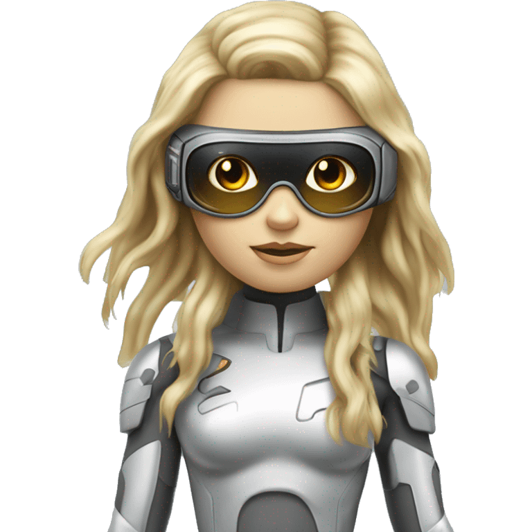 Brown long hair with blonde steaks female cyborg head, fair skin, space age goggles and circuits emoji