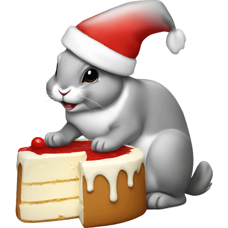 Rabbit eating cheesecake wearing a Santa hat emoji