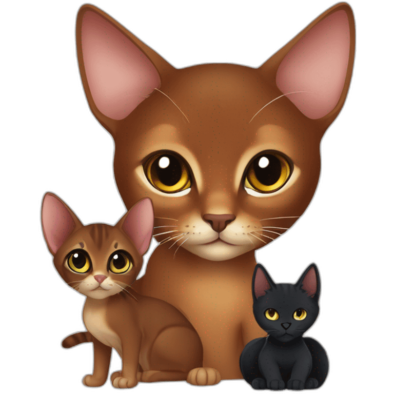 dark red abyssinian cat with big ears and black kitten with small white speck emoji