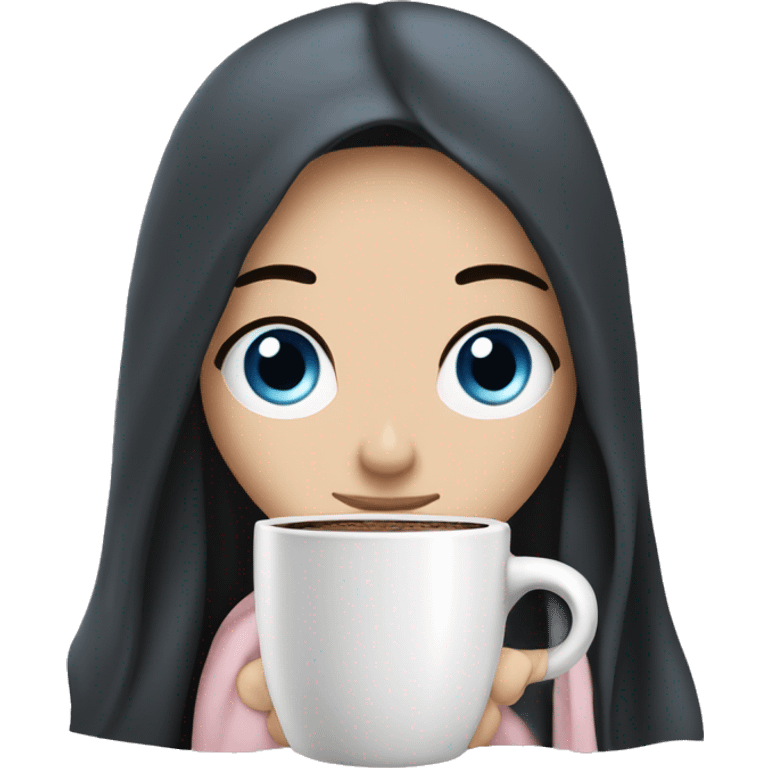 A pretty white girl with very long black hair and blue eyes in a light pink blanket sipping coffee emoji