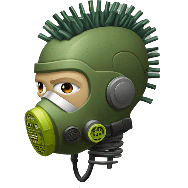 Olive green mohawk cyborg head with respirator mask and circuits emoji