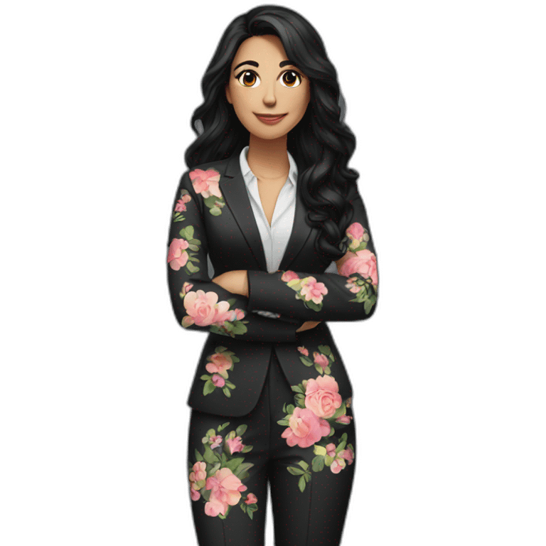 a turkish woman with long black wavy hair wearing a black suit and a floral blouse emoji