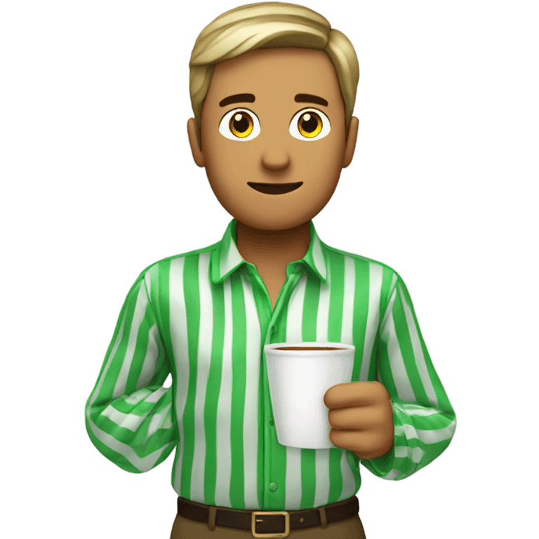 Man with a green and white stripped shirt with a cup of spain on his head emoji