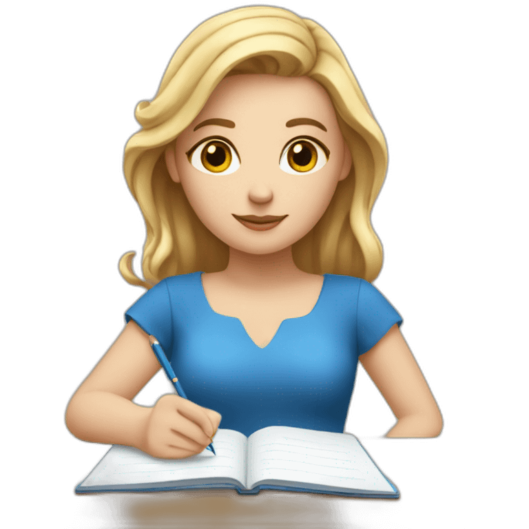 white girl in a blue dress writing in a notebook. emoji