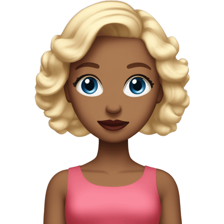 Girl with blonde hair, blue eyes, red lipstick, and tan skin wearng makup and a pink dress emoji