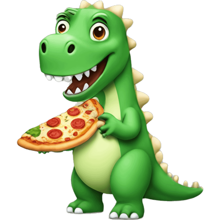 Green dinosaur eating a pizza whilst wearing pyjamas and fluffy white slippers emoji