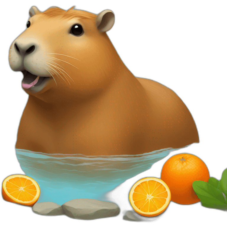 capybara in a hot spring with an orange on its head emoji