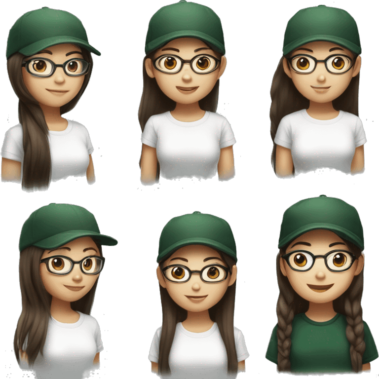 Hyper realistic, look from side, asian girl, light white skin, smiling with teeth, black eyes, spotted frame glasses, long brown straight hair with highlighted strands, black T-shirt, dark green cap. emoji