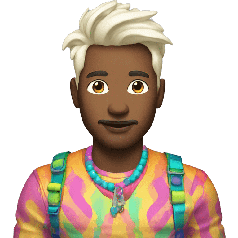 Queer man dressed in a colorful crazy outfit his skin color is white make sure that it's something modern but interesting kind of think runway emoji