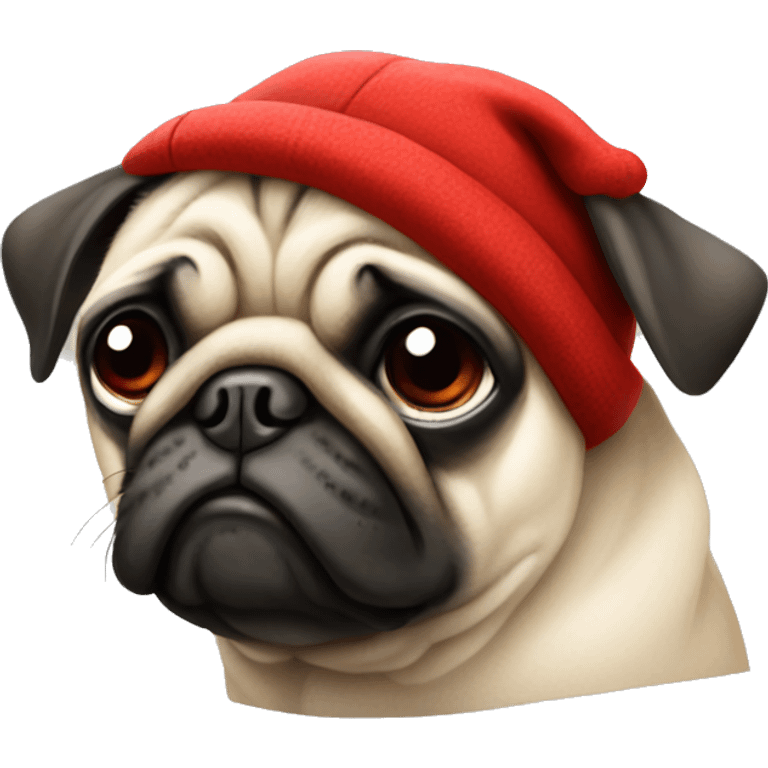 Sad pug in a red hat emoji