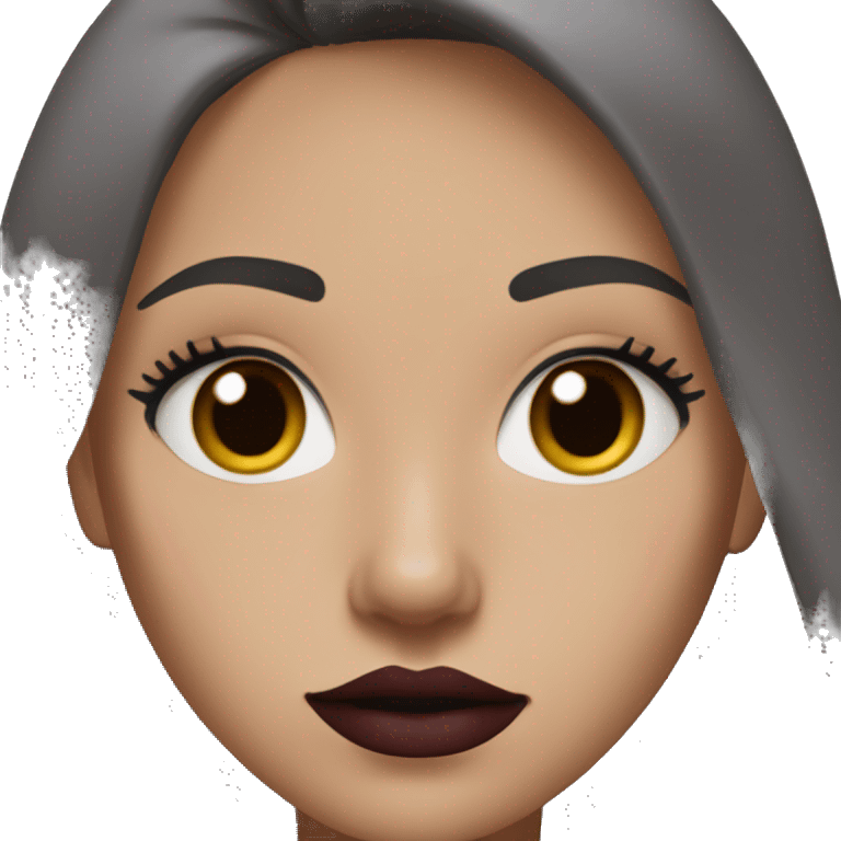 Girl with  medium brown hair, gray eyes, very light skin in black adidas sweatshirt with makeup eyelashes and dark red lipstick emoji