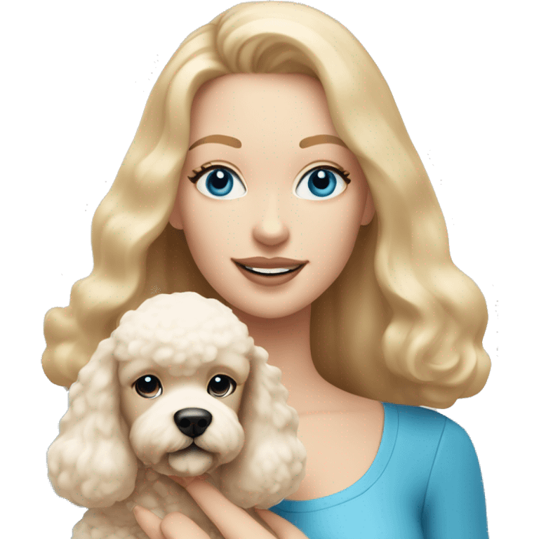 woman with  blonde straight hair and blue eyes is holding a cream poodle puppy emoji