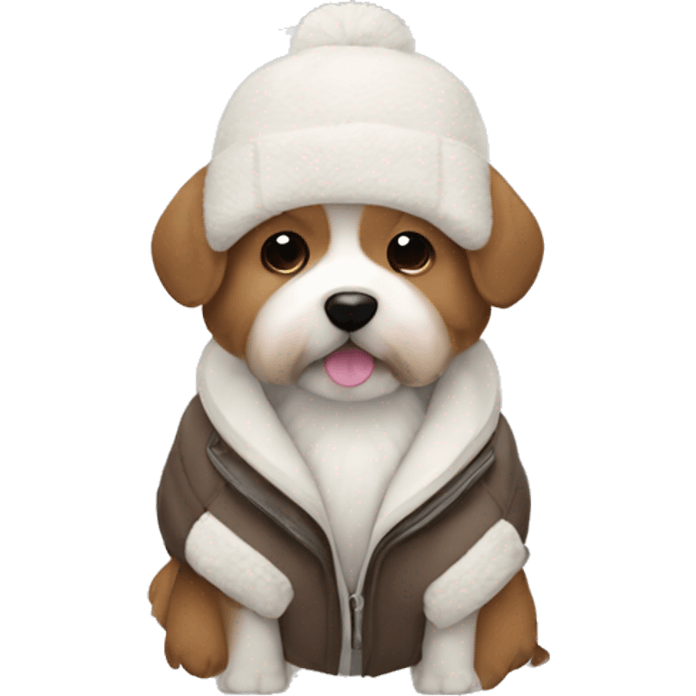 cute small brown fluffy dog with a white benie and jacket on emoji