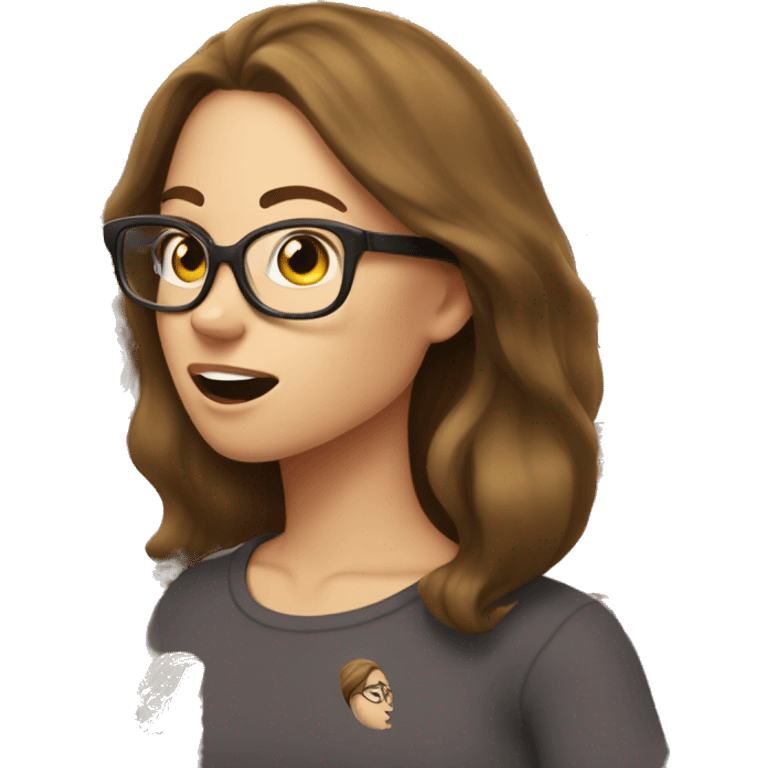 white girl with brown hair and glasses, side profile to the left with her mouth open emoji