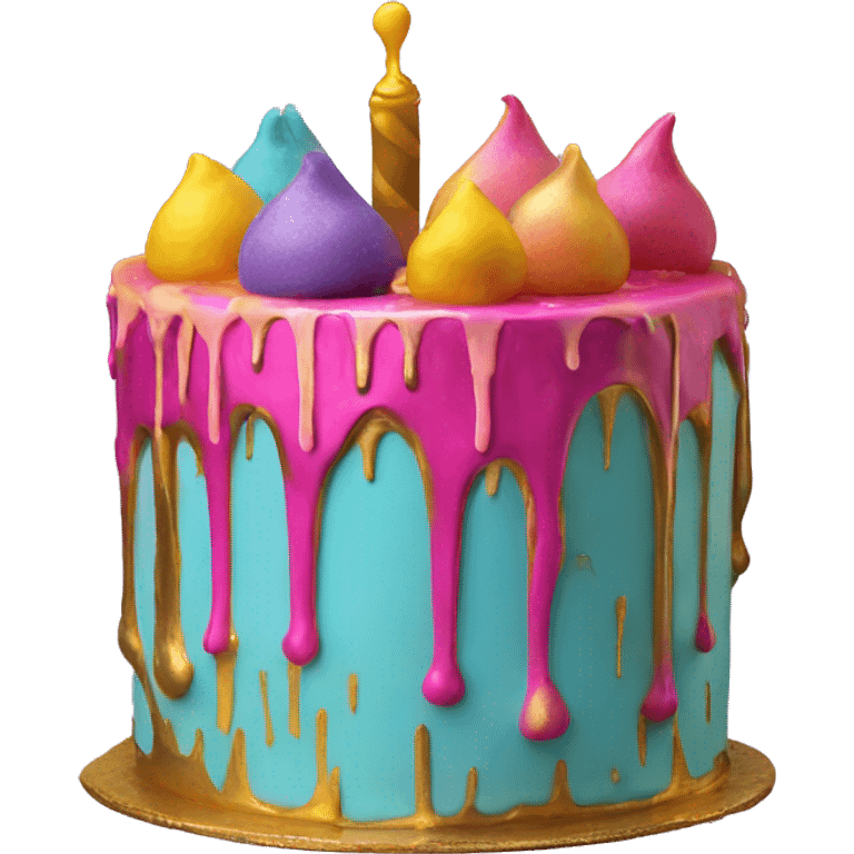 Realistic isolated colorful cake with metallic gold icing dripping from top and all down along the cake emoji