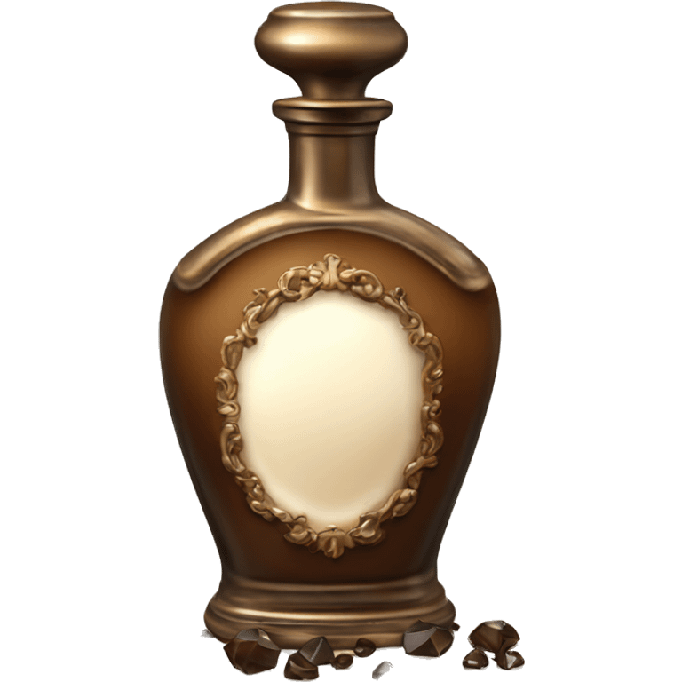 Antique parfumerie bottle with oil, made of bronze and brown crystals, white cream and coffee milk pour from the bottle emoji