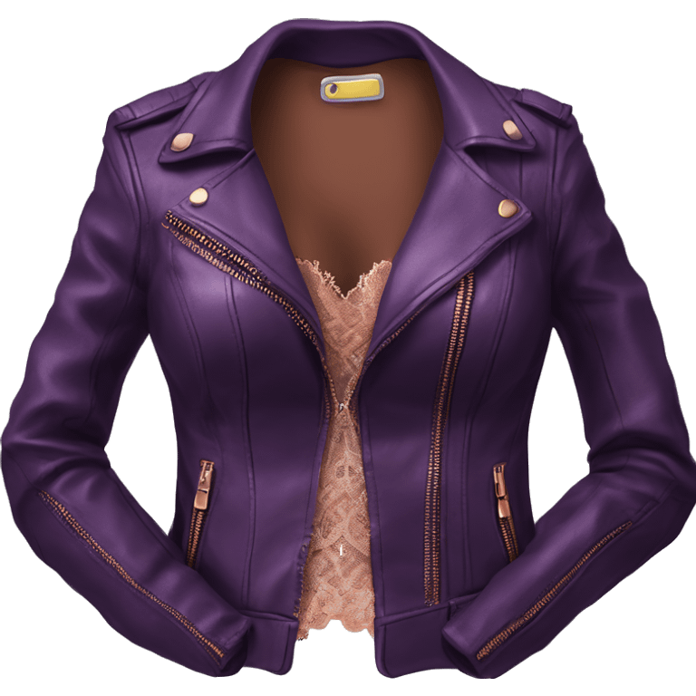 Realistic Isolated dark purple leather jacket open with rose gold lace bustier underneath.  emoji