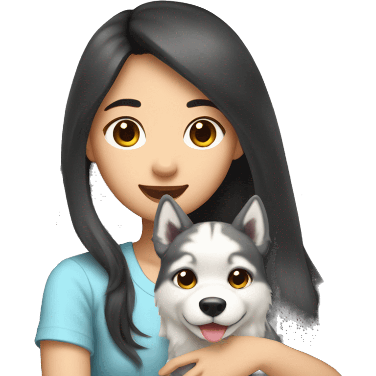 Long hair Asian Girl petting husky dog emoji