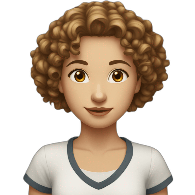 face of white midle easten curly tenage girl with medium brown hair in T-shirt emoji