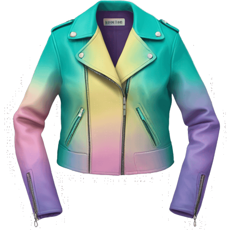 Realistic isolated side view of an open teal,pastel pink,pastel purple,and yellow ombre feminine fashion leather jacket.  emoji